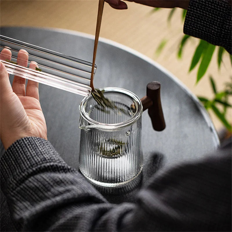 Japanese Heat Resistant Vertical Stripe Glass Tea Pot Wood Handle Teapot Kung Fu Tea Set Puer Kettle Coffee Glass Pot Teaware