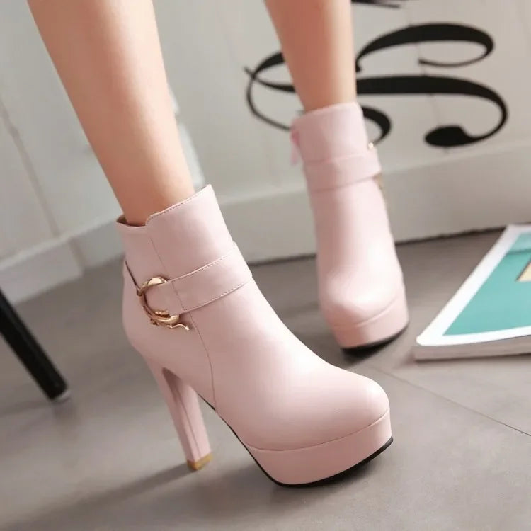 Elegant Short Boots Women Shoes Autumn Winter Women's Ankle Boot Platform Sweet Black White Pink Heeled Party Shoes Ladies
