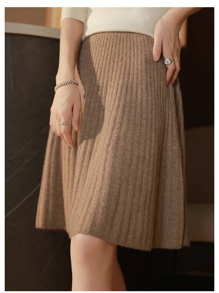 Fustă elegantă pentru femei, 100% lână, tricotată, modă coreeană, solidă, casual, linie A, plisată, scurtă, primăvară șic, talie înaltă, fustă