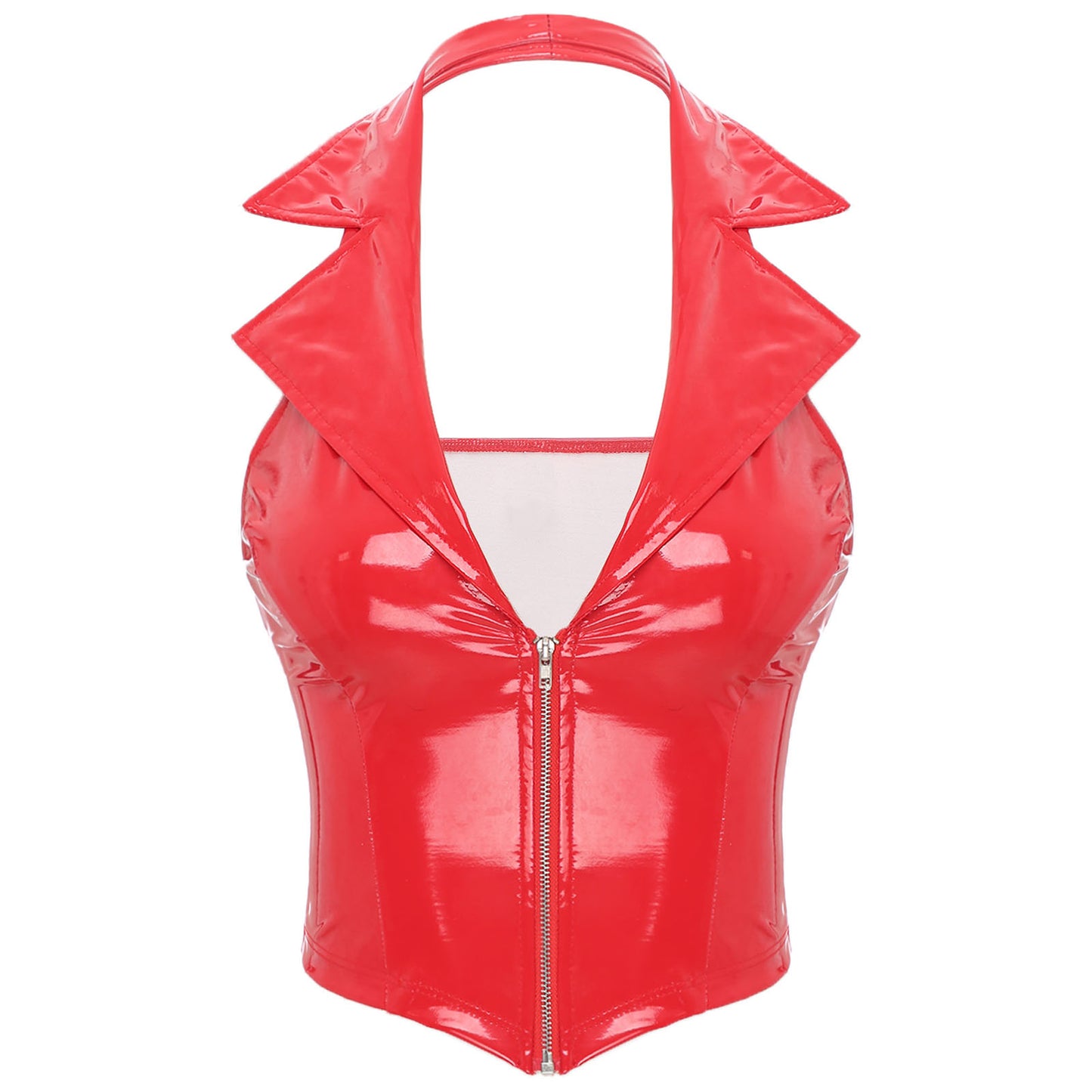 Vestă din latex cu decolteu adânc în V, fermoar frontal, vestă topuri, piele lăcuită lucioasă, rever crestat, Slim Fit, vestă camisol din piele PU