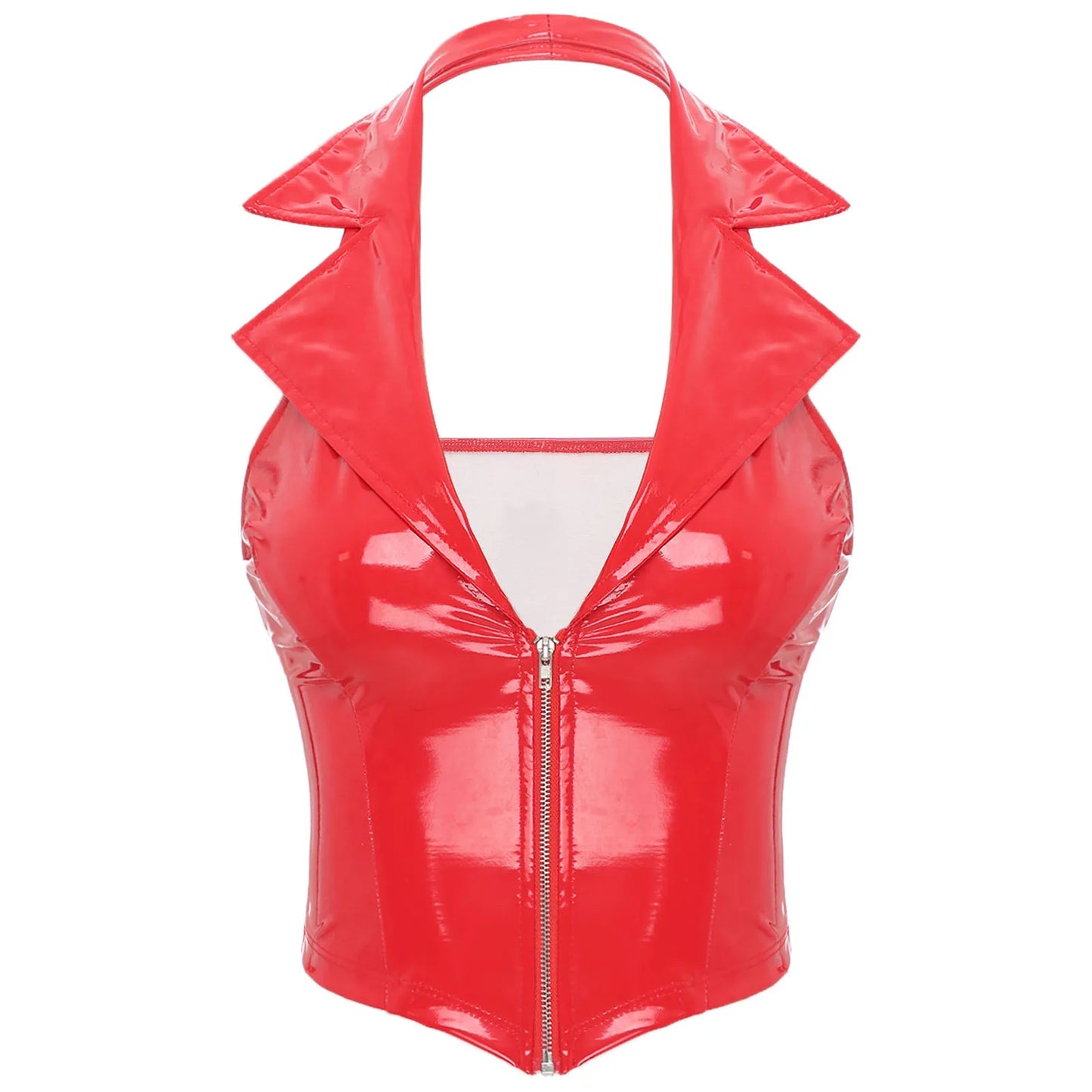 Vestă din latex cu decolteu adânc în V, fermoar frontal, vestă topuri, piele lăcuită lucioasă, rever crestat, Slim Fit, vestă camisol din piele PU