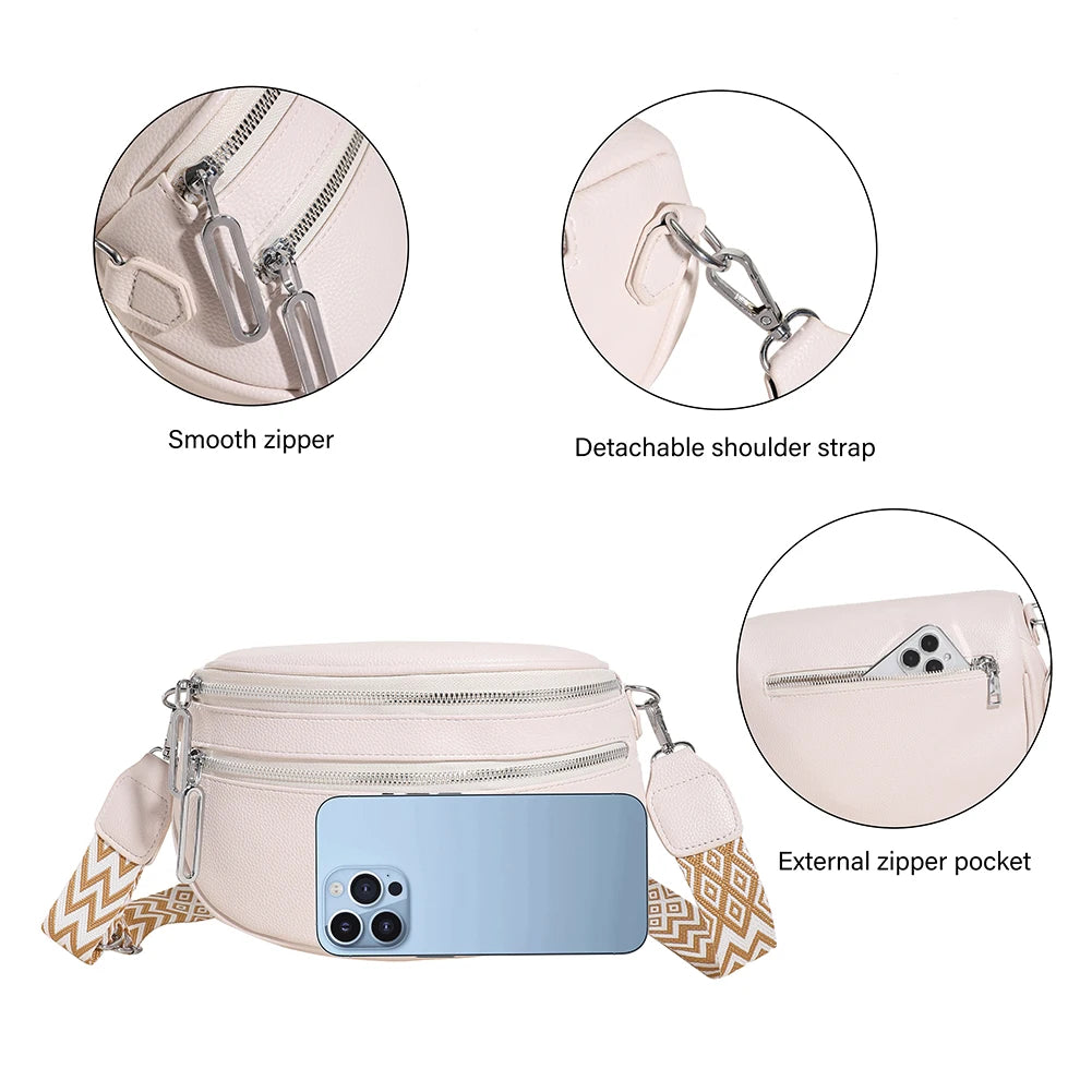 Women Stylish Crossbody Bag with Wide Strap Vintage Waist Pouch PU Leather Fashion Sling Bag Female Daily Dating Bag