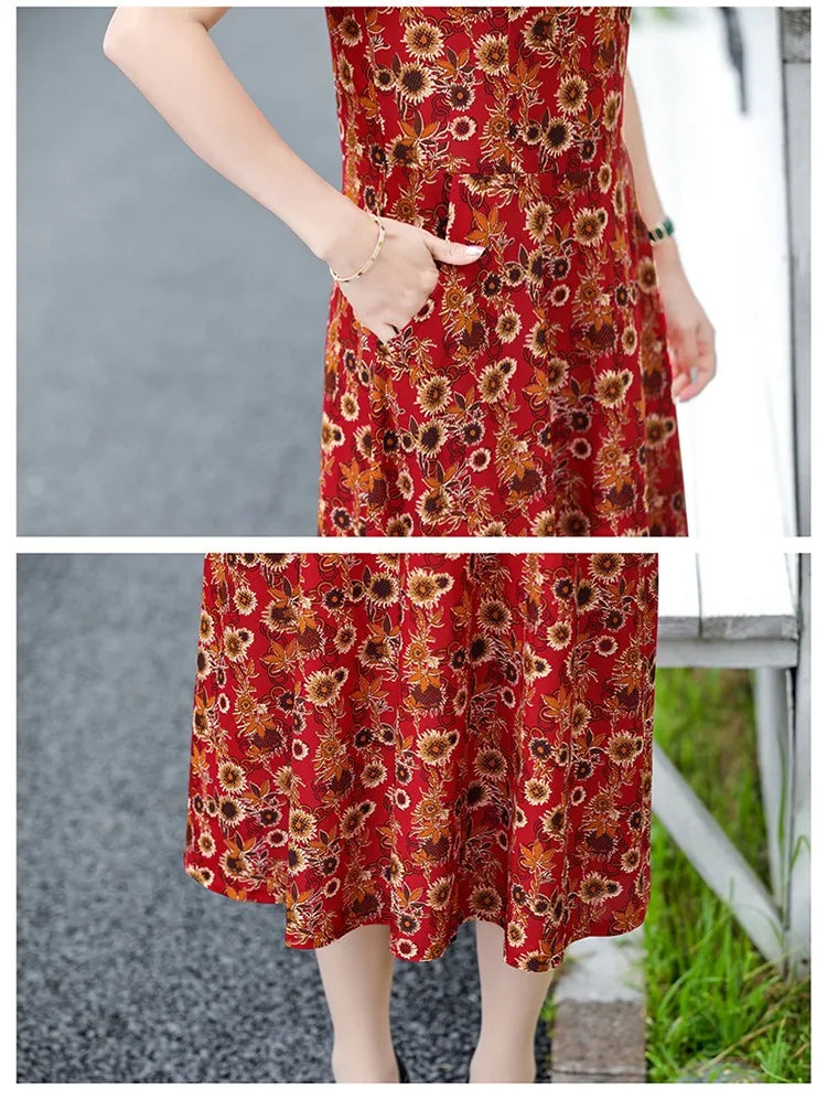 Elegant Women Dress Elegant Casual V-Neck Print Vintage Ladies Mid-Calf High Waist Summer Bohemian Dresses