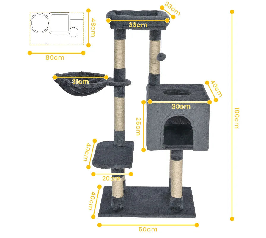 Large Cat Tree for Indoor Tall Tower for Cat Multi-Level Plush with Natural Sisal Scratching Post Condos Perches Hammock