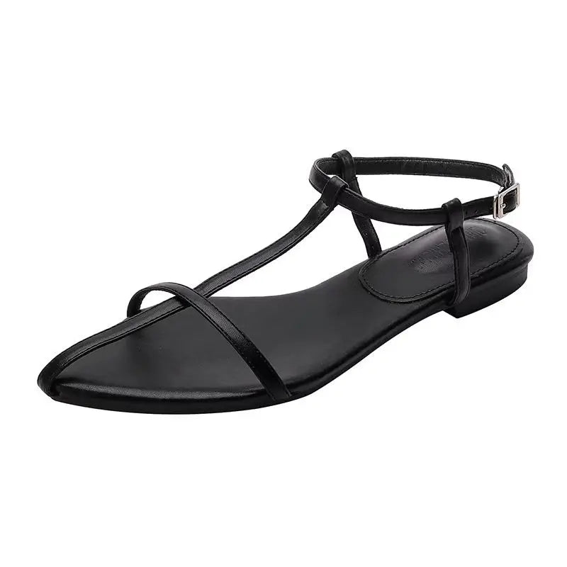 Women Flats Sandals Pointed Toe Narrow Band Design Sandals Ankle Buckle Strap Clip Toe Roman Style Casual Beach Ladies Shoes