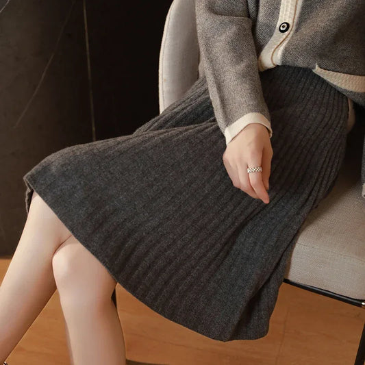 Elegant Women 100% Wool Knitted Skirt Korean Fashion Solid Casual A Line Ladies Pleated Short Skirt Spring Chic High Waist Skirt - Golden Bridge Store