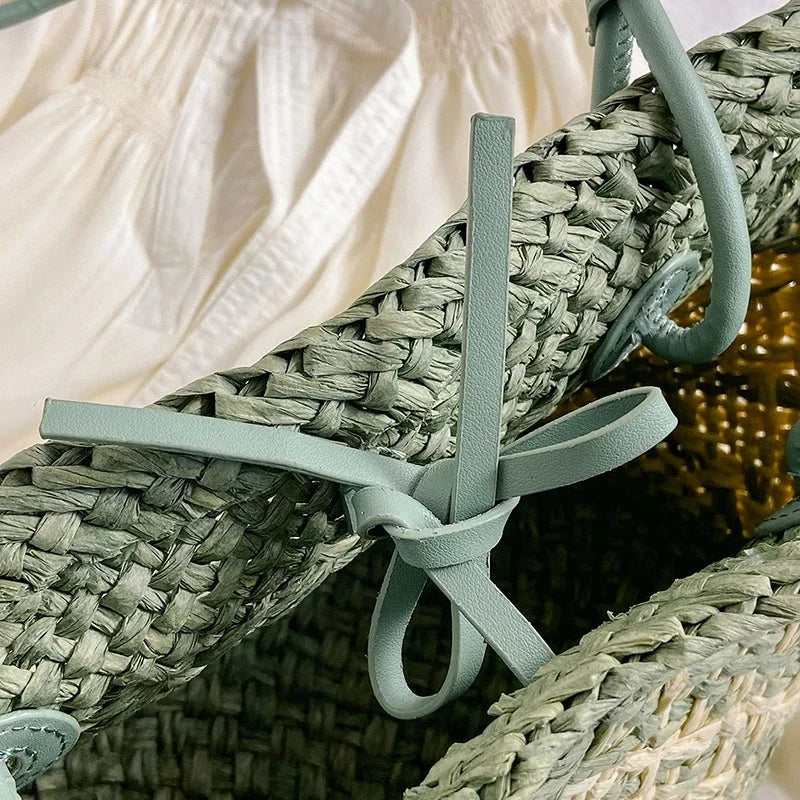 Geantă de plajă de vară, țesută manual, cu capacitate mare, din paie, cu design în gradient de culoare, pentru femei, geantă de umăr pentru călătorii și vacanțe