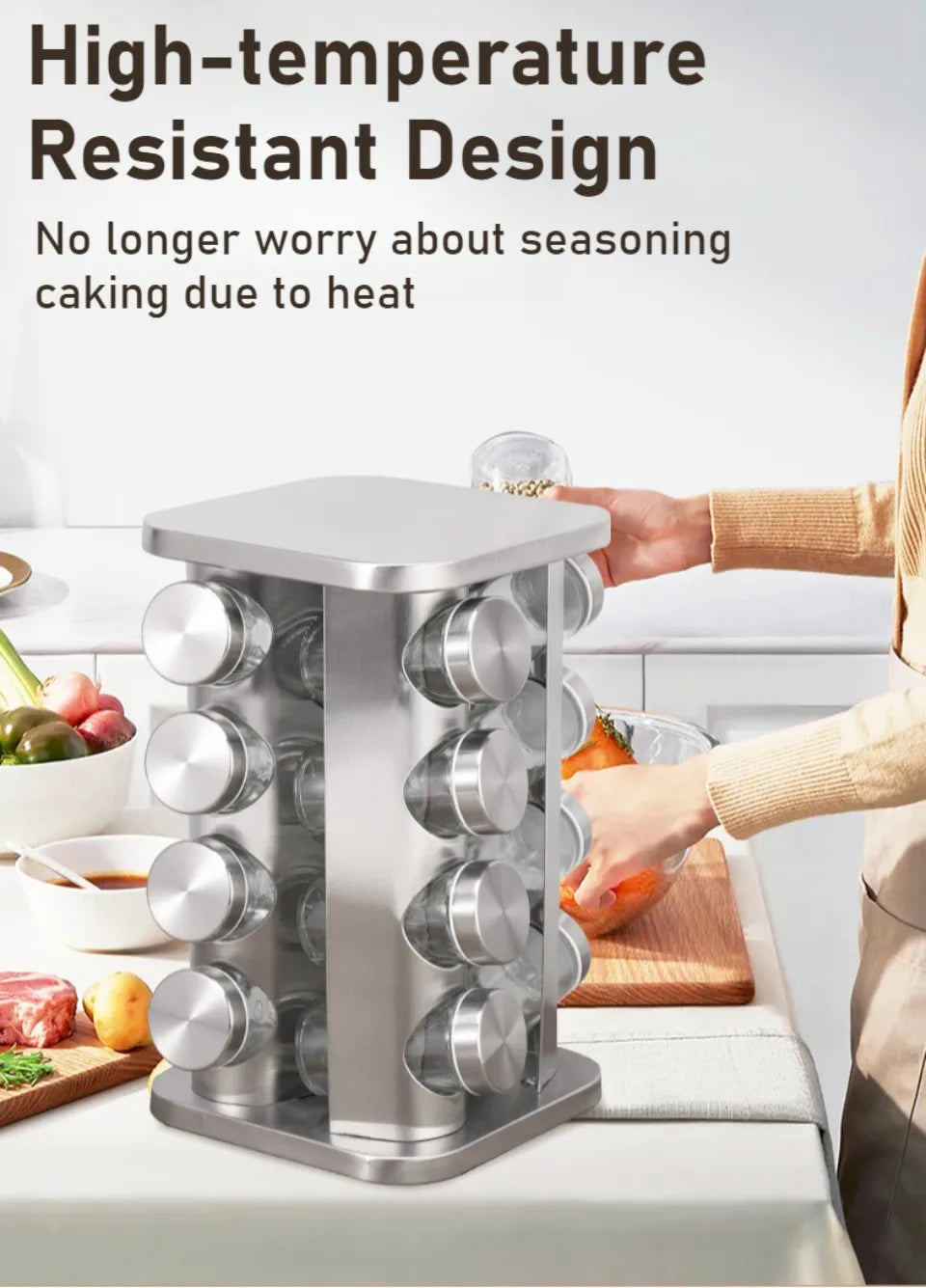 Stainless Steel Spice Rack Rotating Seasoning Set Vertical Spice Sorting Rack Square Condiment Organizer Salt Sugar Containers