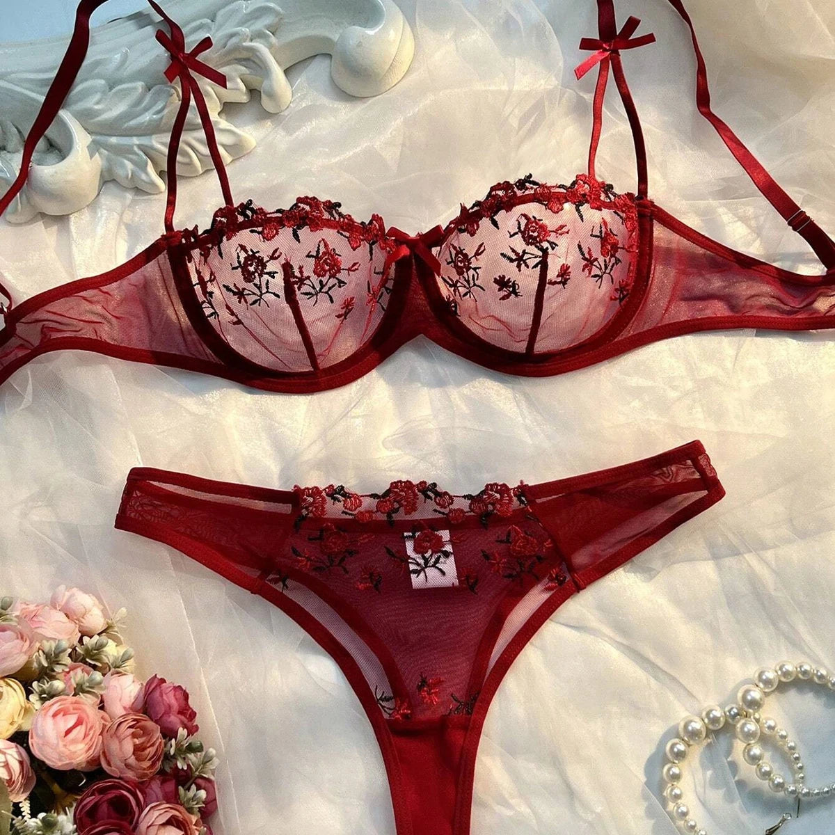 Fashion Embroidery Underwear Transparent Lingerie elegant Floral Lace Short Skin Care Kits Delicate Fairy Set Woman 2 Pieces