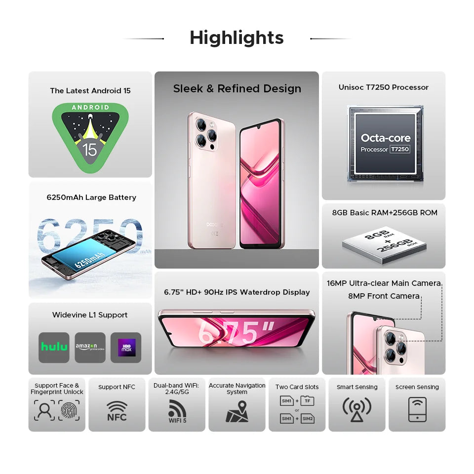 Global Version Doogee Note58 Pro Android 15 Smartphones 8Gb Ram 256Gb Rom 6250Mah Large Battery 6.75" Hd+ Display Nfc Cellphone