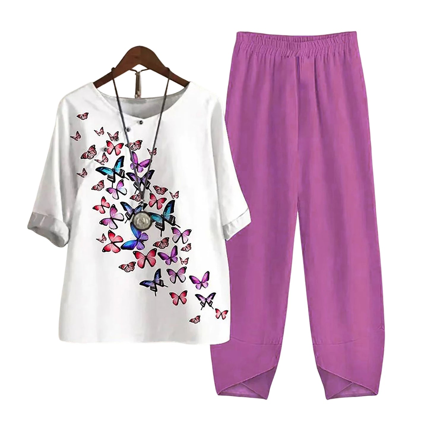 Elegant  Women Outfit Breathable Flower Pattern Blouse Trousers Half Sleeves Soft Blouse Pants Spring Clothes