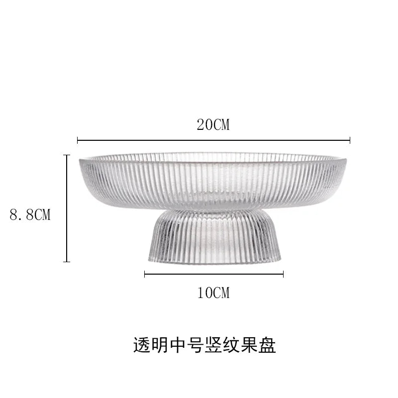 Glass Fruit Bowl with Feet Tall Striped Storage Tray Home Living Room Decoration Creative Dried Fruit Tray Snack Tray