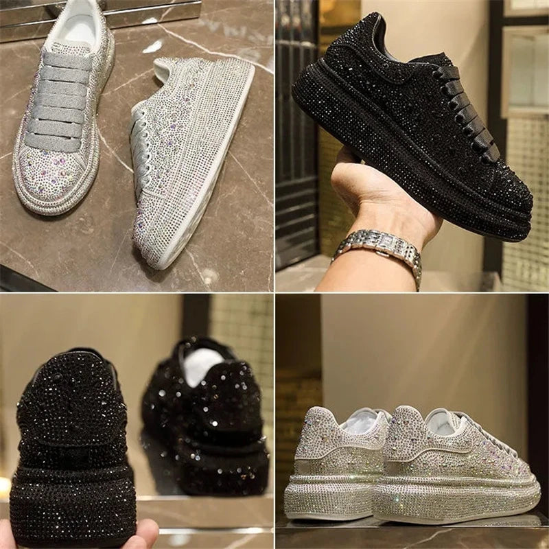 New Brand Women Fashion Casual Glitter Sparkling Sneakers Women Encrusted Lace Up Shoes White Sole Fashion Street Sneakers Shiny
