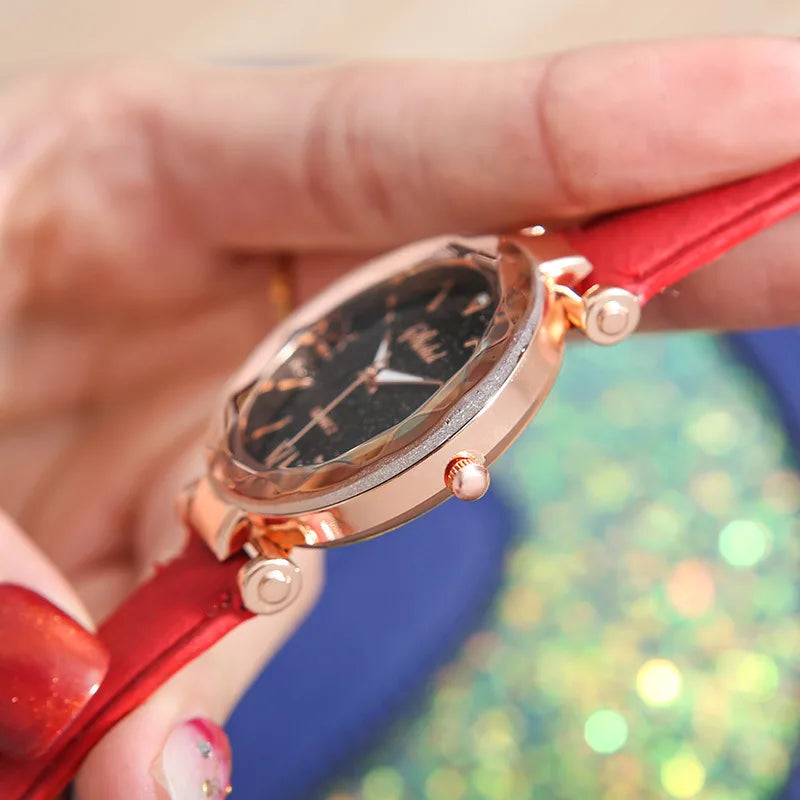 Damen Uhr Strass Romantischer Sternenhimmel - Armbanduhr Mode Damen Leder Uhr - Uhr für Frauen