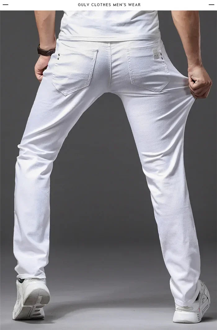 Four Seasons Men's White Jeans Fashion Casual Classic Style Slim Trousers Comfortable Soft Male Trendy Brand Stretch Pants