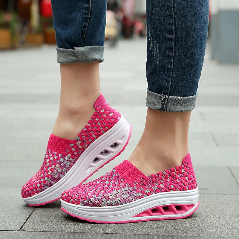 Zapatos De Mujer Sneakers Women's Mixed Color Woven Wedge Rocking Shoes Lightweight Non-slip Breathable Loafers Chaussure Femmes