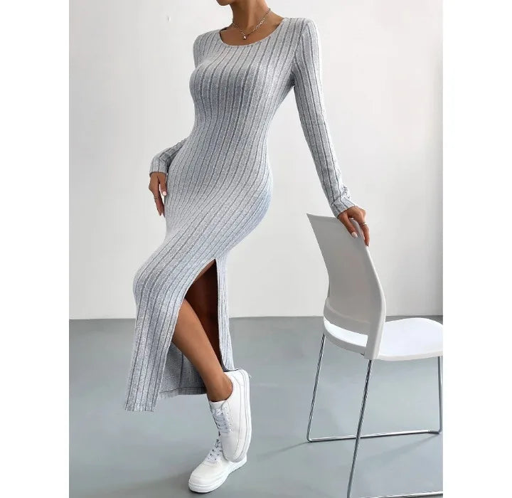 Damen Kleid 2025 - Casual Elegant Women Dresses Autumn Winter Long Sleeve Round Neck Split