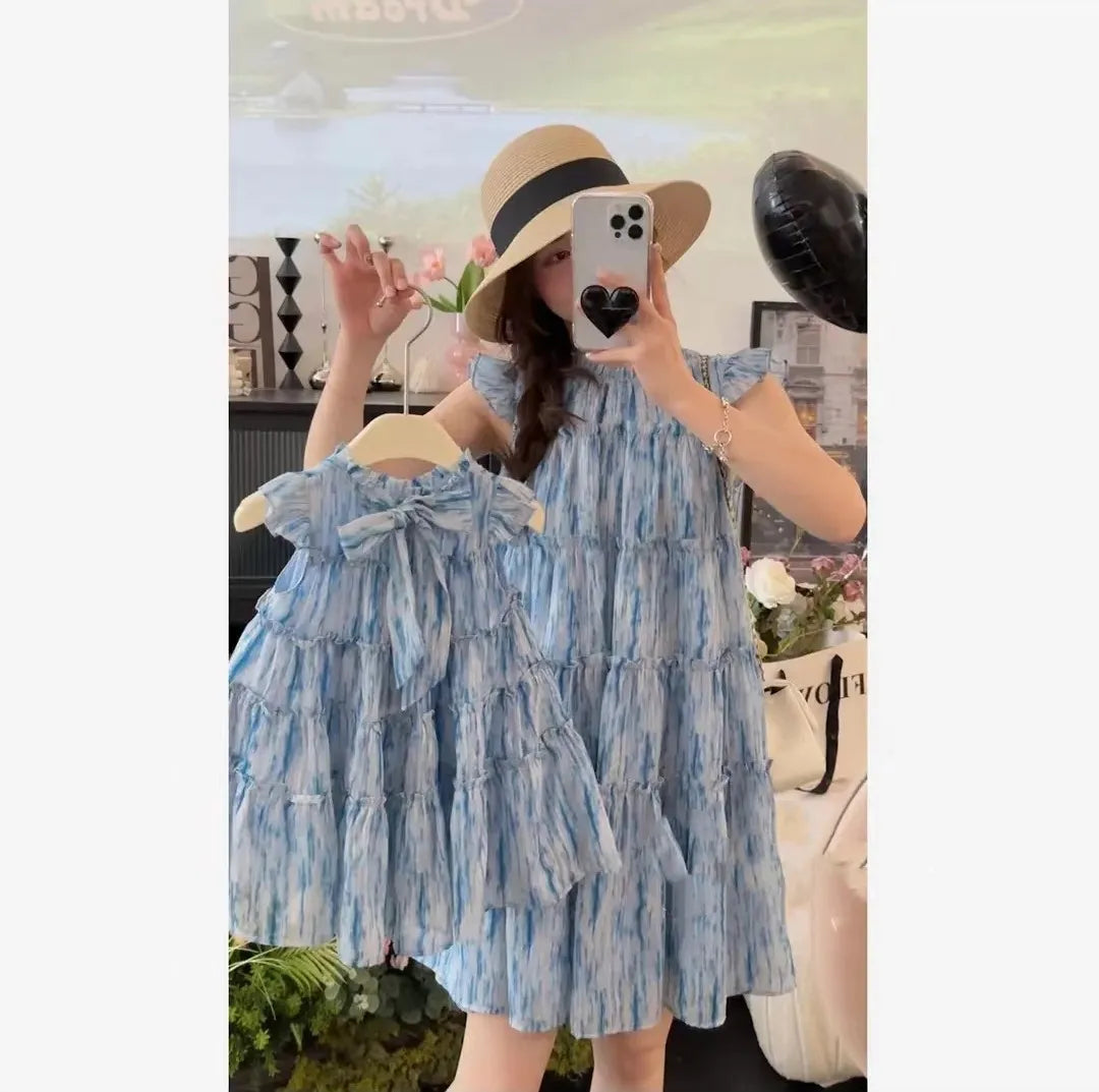 Rochie drăguță de vară pentru familie, asortată, cu mâneci evazate, guler rotund/fără umeri, lungime genunchi, pentru fiică-mamă, H6159