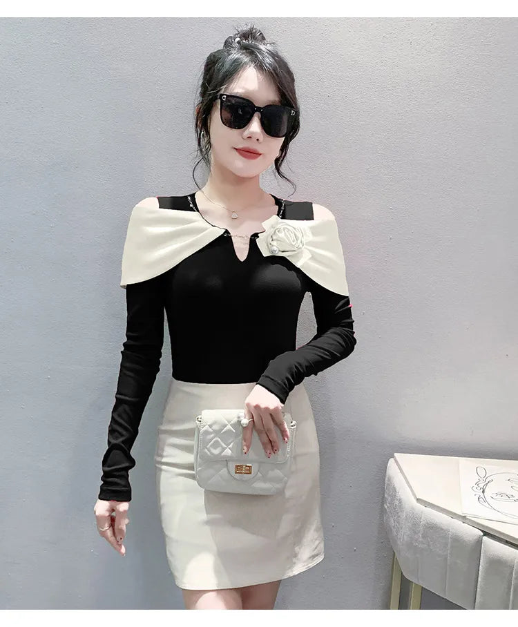 Women T-shirt Fashion T Shirt Cotton Slim Tee For Ladies Autumn Clothing New Long Sleeve Beading V-Neck Tops