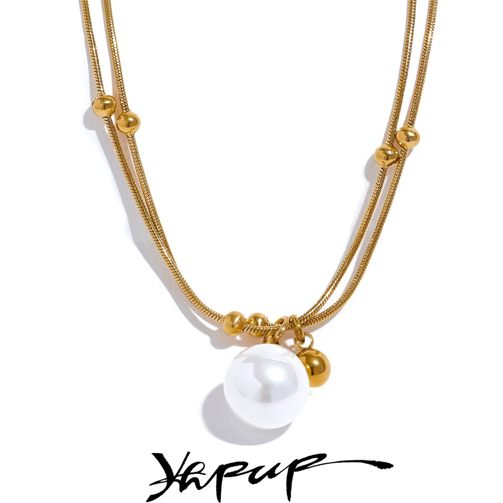 Yhpup Elegant Imitation Pearls Stainless Steel Round Beads Chain Pendant Necklace for Women Gold Silver Color Korean Jewelry