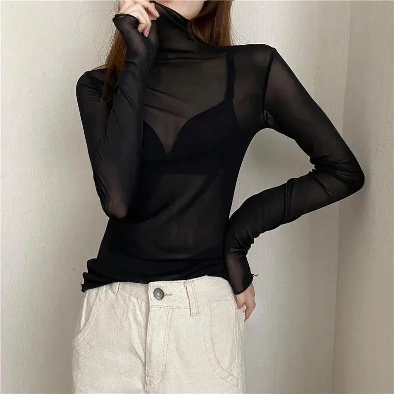 Sexy Women T Shirt See Through Transparent Tops Long Sleeve Ladies T-Shirt Pink Green Basic Top for Female Bottoming Blouses