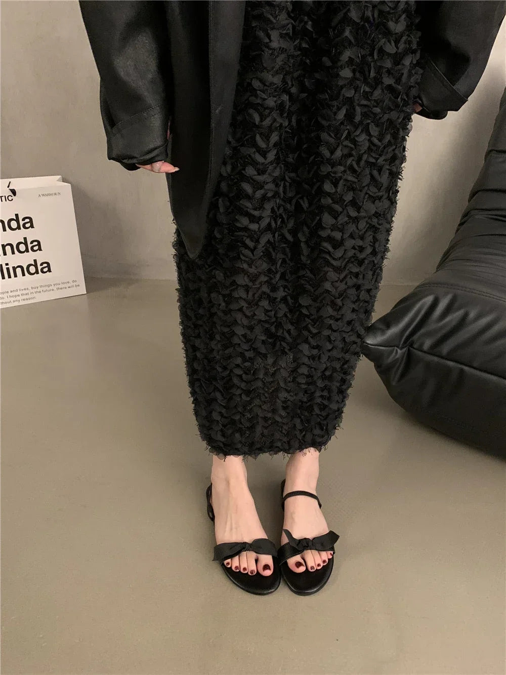 Flat Bottomed Slippers for Women Summer Bow Shaped Slimming Straight Strap Flat Sandals Women's Open Toed French Slippers Womens