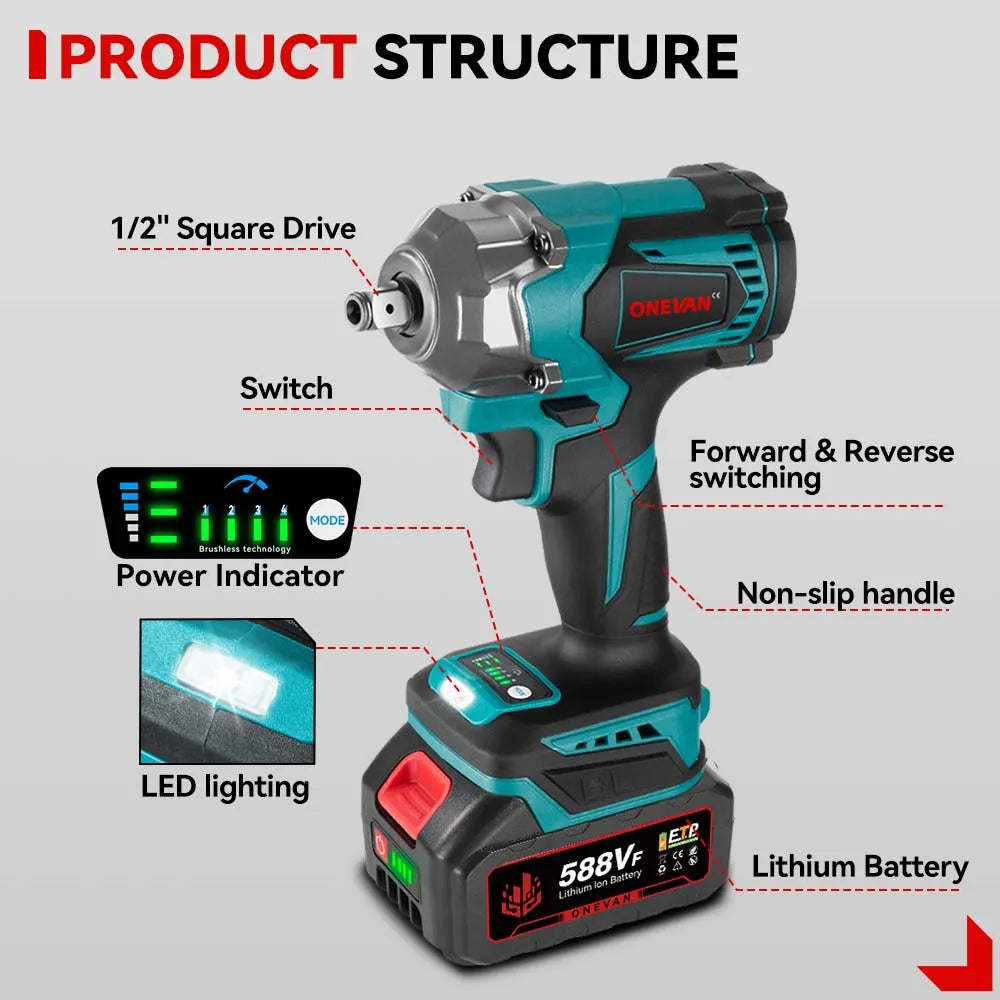 ONEVAN 1200N.M Brushless Electric Impact Wrench 3 Funtion 1/2" Cordless Screwdriver Electric Drill for BL1840B BL1850 18V Batter