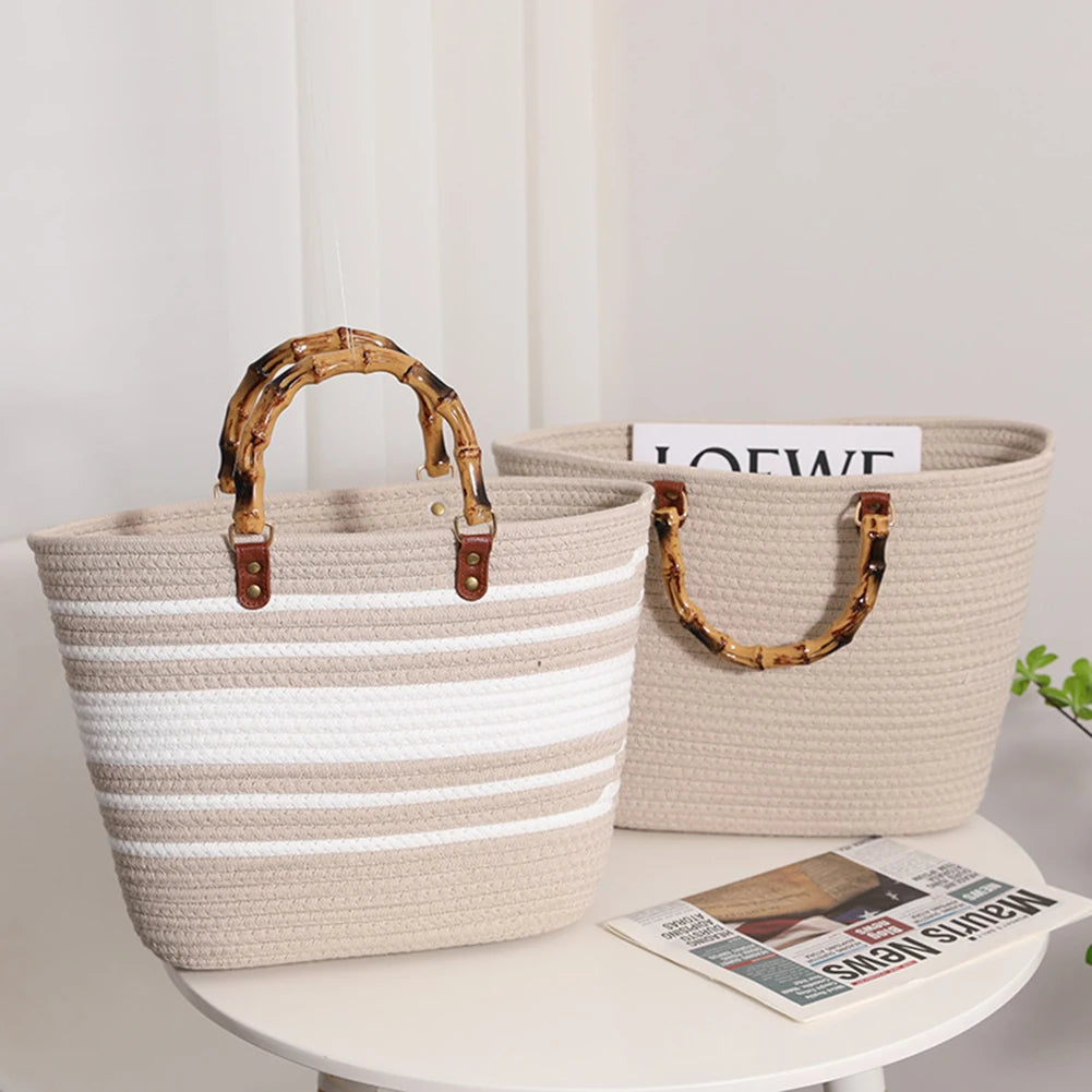 Beach Vacation Bags Bamboo Handle Women Weaving Bag Large Capacity Striped Portable Casual Fashion Exquisite for Seaside Party