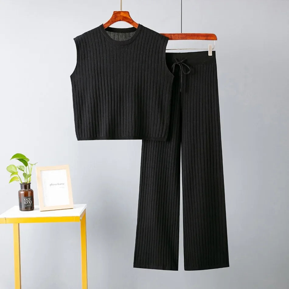 Elegant 2-Piece Sets for Women, Casual Knitting, Sleeveless, O Neck Tops, Loose Lace Up, Wide Leg Pant Set, Summer Fashion, New