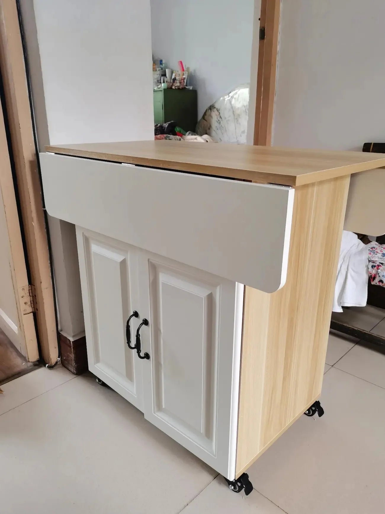 Modern Klappbar Esstisch Mit Aufbewahrung Regale Beweglich Küche Insel Schrank Massivholz Spanplatte Für Kleine Räume