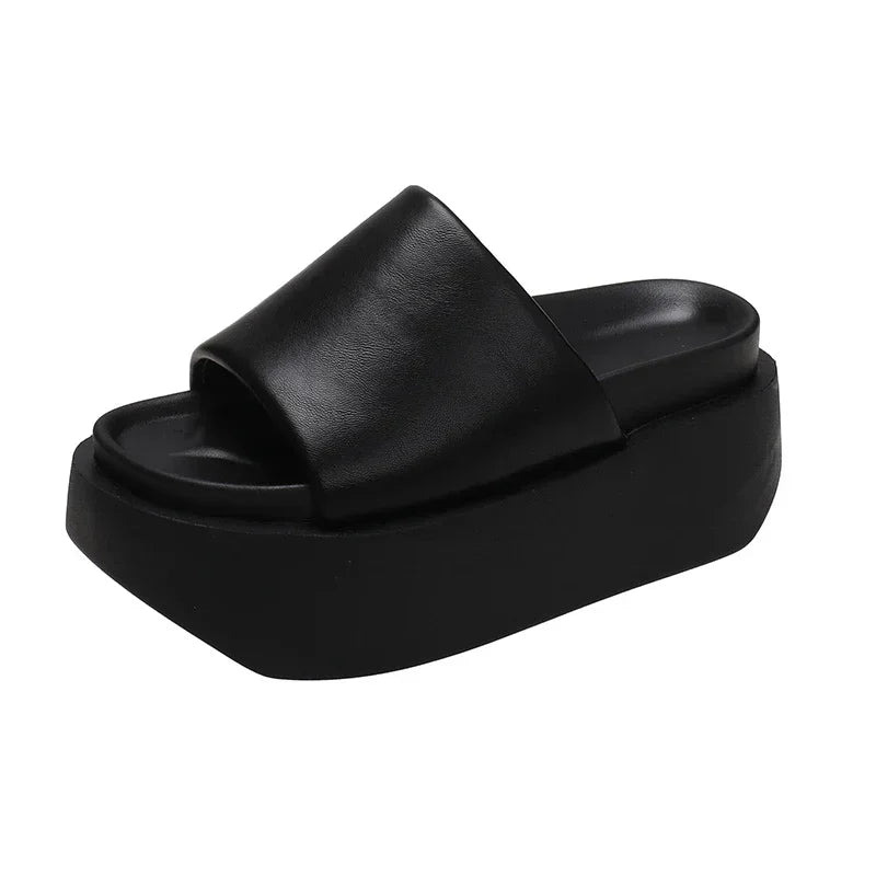 Summer Women Slippers Ladies Beach Flip-Flops Chunky Leather Shoes Wedges Heels Outside Sandals Woman High Platform Slippers 8CM