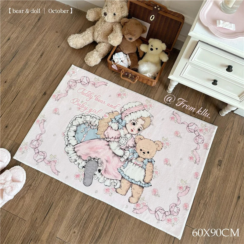 Soft Carpet Cartoon Bear Doll Carpets Round Rectangular Livingroom Rugs Kawaii Girl Lolita Retro Bedroom Bedside Cashmere Carpet