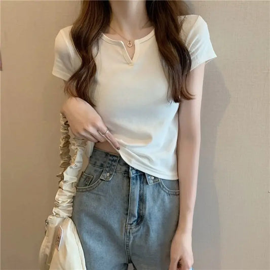Damen Crop Top 2025 - Summer Short T-shirt V-neck Solid Color Slim High Waist