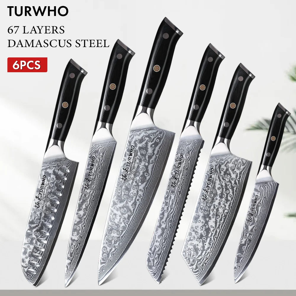 TURWHO 1-6 Piece Knife Set 67 Layers Damascus Steel Kitchen Knives Santoku Chef Knives Utility Bread Slicing Knife Cooking Tools