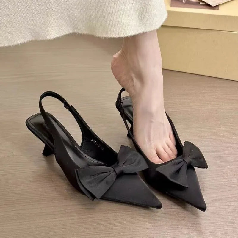 Elegant High Heels Women's Shoes Summer Black Shallow Mouth Pointed Toe Bow Slingbacks Luxury Party Office Lady Sandals