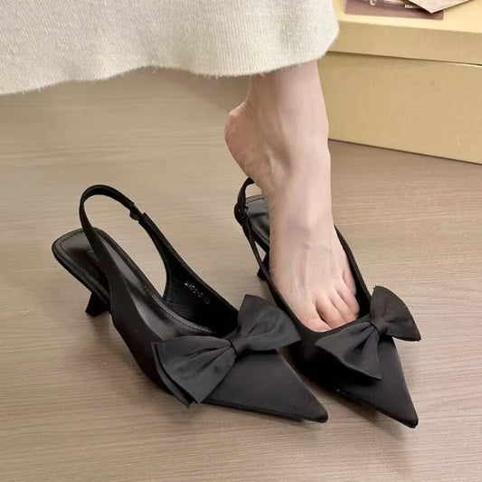Elegant High Heels Women's Shoes Summer Black Shallow Mouth Pointed Toe Bow Slingbacks Luxury Party Office Lady Sandals