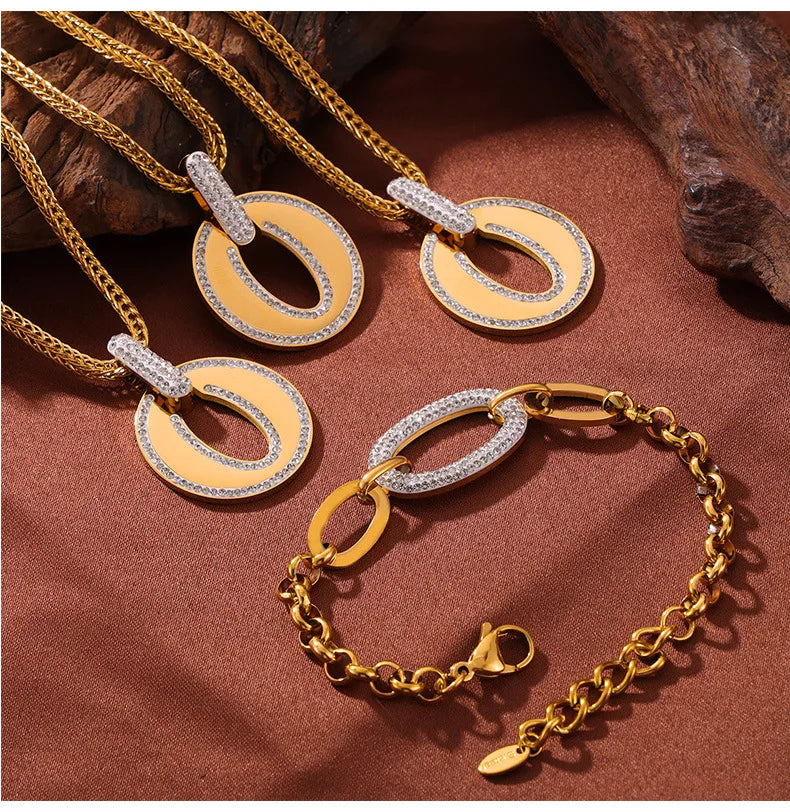 Luxus Strass Runder Anhänger Halskette - Edelstahl Goldplattiert Armband Schmuck Set - Damen Hochzeit Accessoires