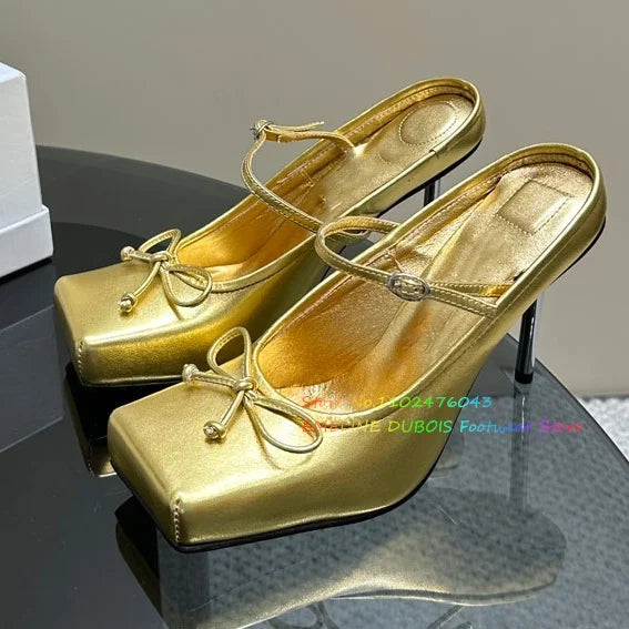 Elegant Women's Formal Shoes Square Toe Bow Tie High Heels Golden Elastic Strap Summer Vintage Mary Janes elegant Party Shoes