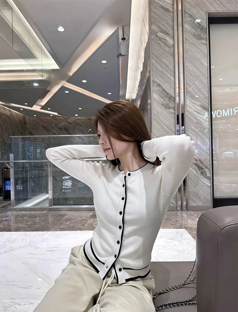 Cardigan tricotat cu model patchwork ZOKICN - mânecă lungă subțire, alb, mărimea M, greutate 120-220 g/m²