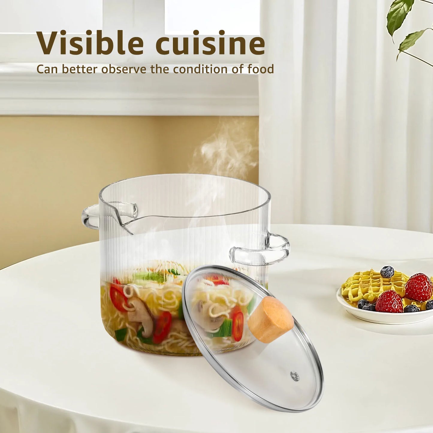 Glass Cooking Pot Transparent BorosilicateGlass Simmer Pot w/ Lid and Spout Heat Resistant Cooking Stovetop Pot Kitchen Soup Pot