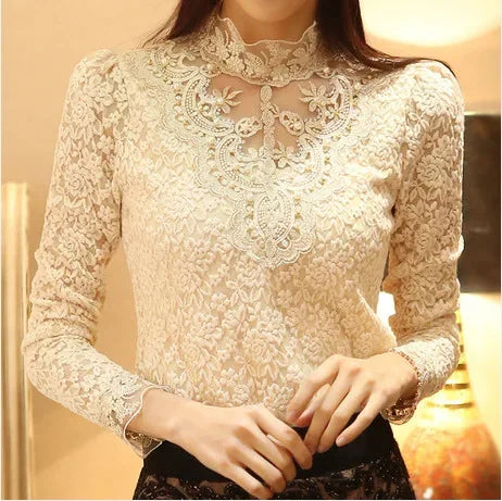 Women T Shirts Vintage Spring Winter Tees Autumn Lace Beads Hole elegant Tops Warm Blouse Top Casual Full Long Sleeve Shirt - Golden Bridge Store