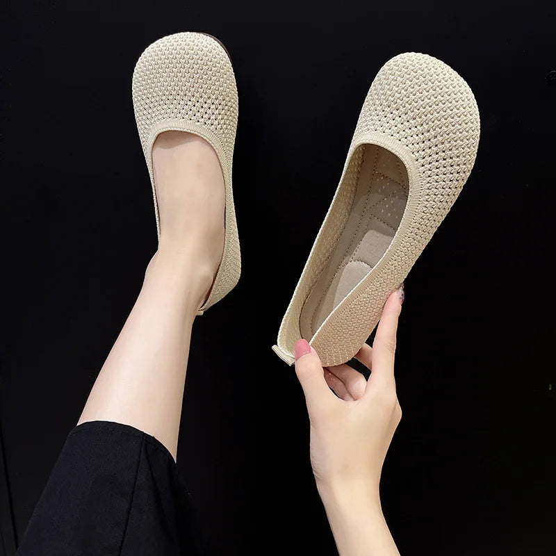 Big Size 42 Women Flats Knitted Breathable Sneakers Ladies Soft Bottom Ballet Loafers Casual Slip on Boat Shoe for Woman