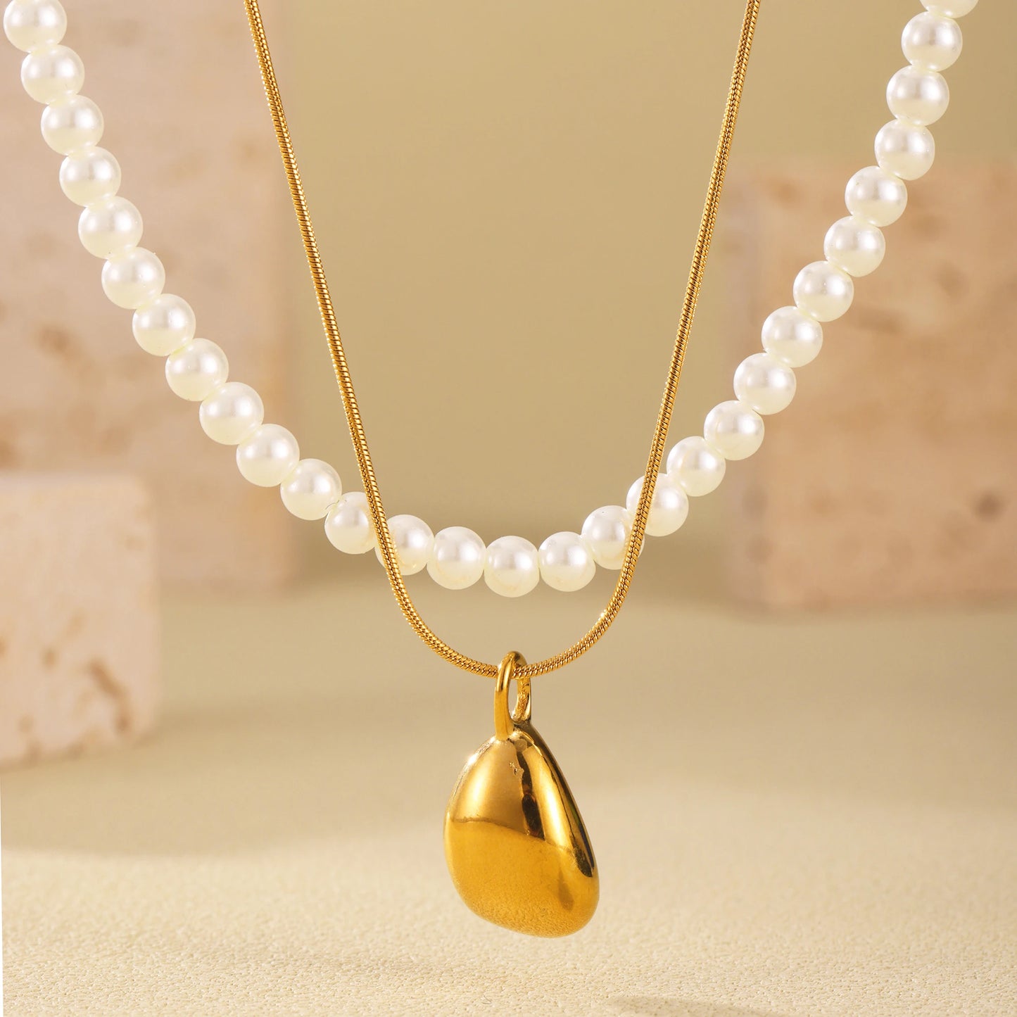 Gorgeous Necklace for Women White Pearl Beaded Gold Plated Chain Pendant Daily Charm Waterproof Jewelry Gift
