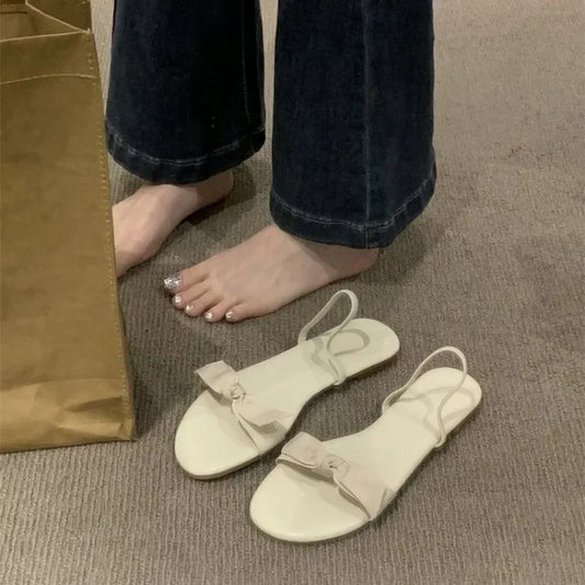 Flat Bottomed Slippers for Women Summer Bow Shaped Slimming Straight Strap Flat Sandals Women's Open Toed French Slippers Womens