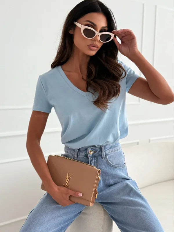 Bluze pentru femei, tricou nou la modă, vară, pulover, topuri, alb, mânecă scurtă, Slim Fit, cu guler în V, tricou pentru femei, îmbrăcăminte casual