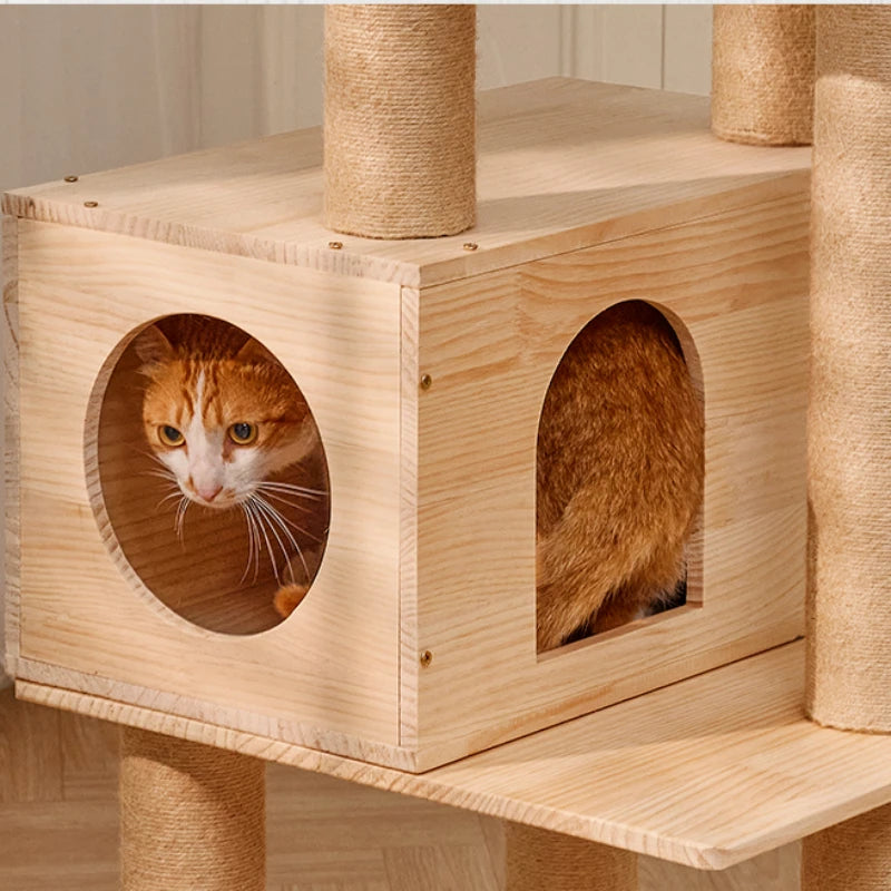 Massivholz Säule Multi-schicht Katzen Klettergerüst, Multifunktional Haustier Große Katzen Villa Mehrstöckig Katzen Baumhaus Klettern Spielzeug