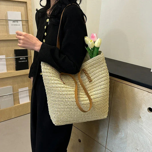 Summer Beach Large Capacity Tote Bag Women Shoulder Bag Handmade Woven Bag Top-Handle Bags Raffia Boho Woven Women Bag - Golden Bridge Store