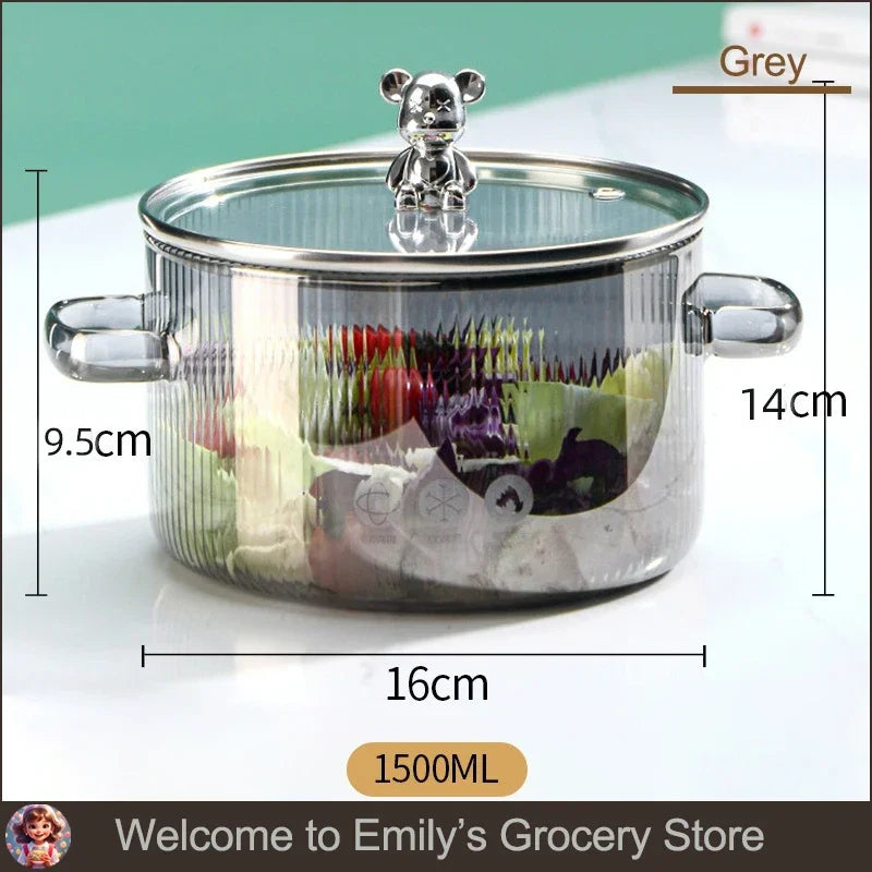 HighBorosilicateGlass Thickened PotHouseholdConvenient Bear Soup Pot with Lid Double Ear Soup Glass Pot Instant Noodles Milk Pot