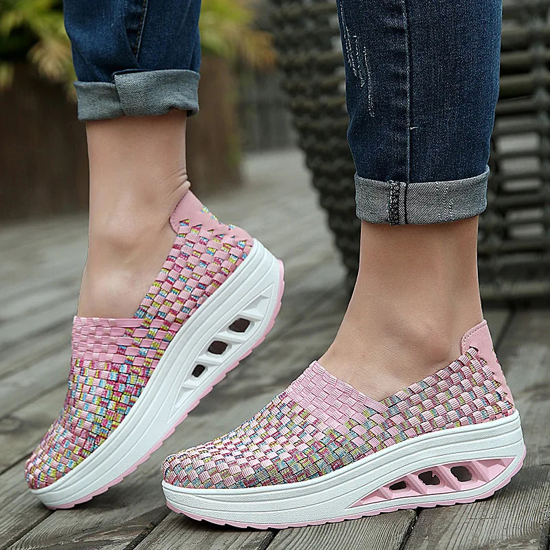 Zapatos De Mujer Sneakers Women's Mixed Color Woven Wedge Rocking Shoes Lightweight Non-slip Breathable Loafers Chaussure Femmes