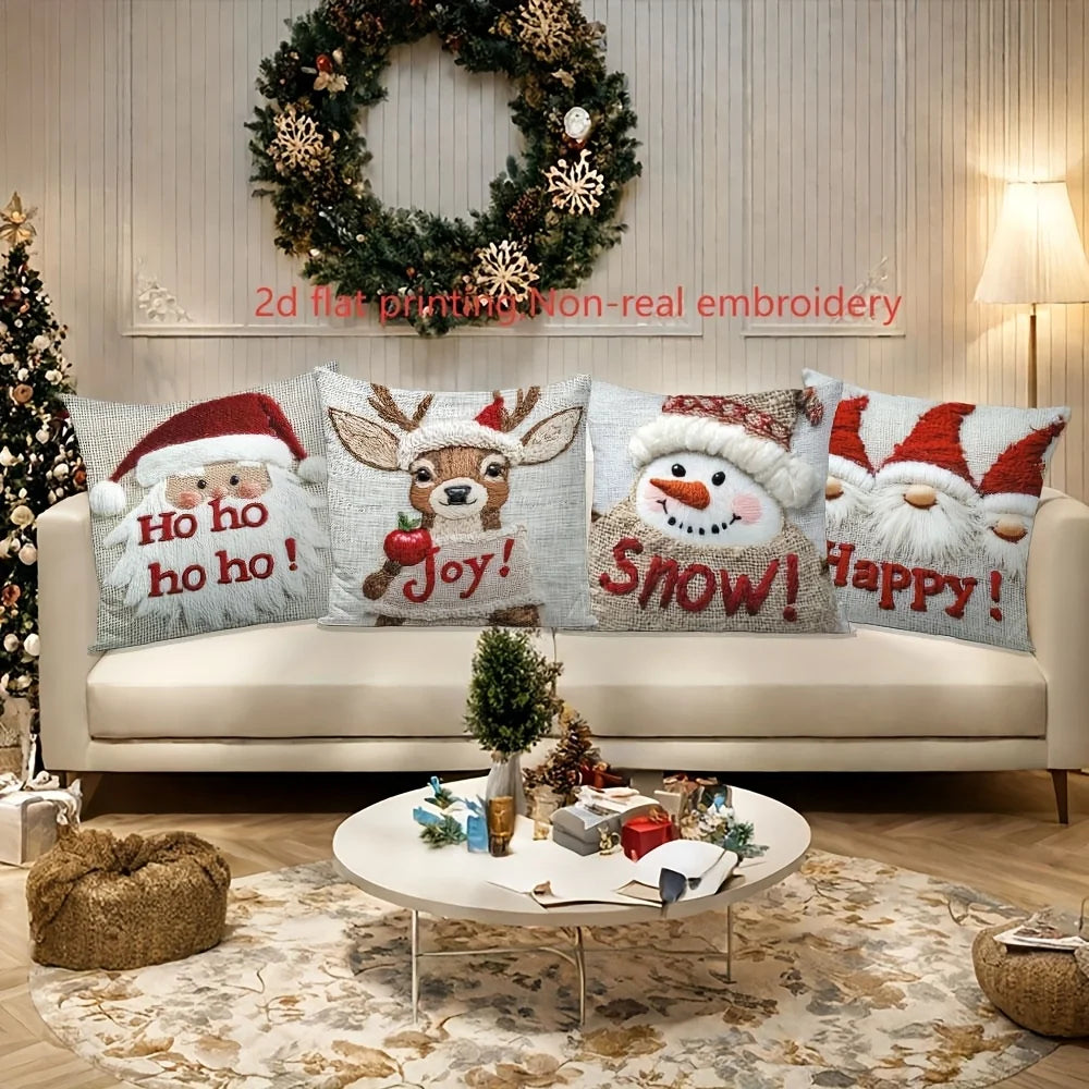 4Pcs Christmas Throw Pillow Covers 17.72x17.72in Santa Snowman Gnome Designs Zippered Washable for Home Sofa Bedroom Decor